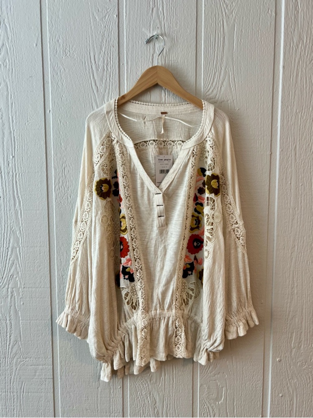Free People Cream Boho Crochet Tunic with Multicolor Floral Embroidery